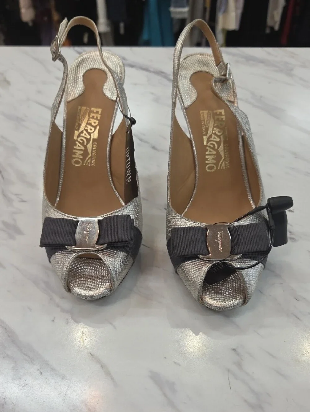 Salvatore Ferragamo Silver Slingback Peep-Toe Heels with Dark Bow